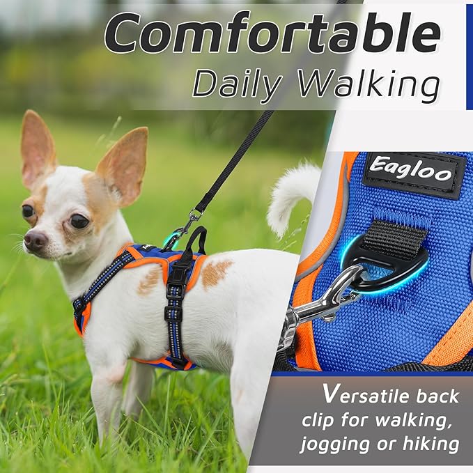 Eagloo Dog Harness for Large Dogs, No Pull Service Vest with Reflective Strips and Control Handle, Adjustable and Comfortable for Easy Walking, No Choke Harness with 2 Metal Rings, Blue & Orange, XS GoExplorewithEagloo