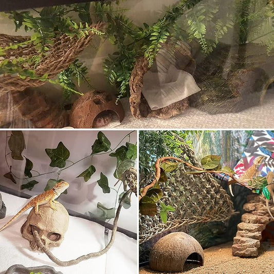 Tfwadmx Crested Gecko Tank Accessories 5Pcs Reptile Vines Plants Flexible Jungle Climbing Vine Gecko Coconut Coco Shell Hut Terrarium Plastic Plant Habitat Decor for Snake,Lizard,Hermit Crab Tfwadmx