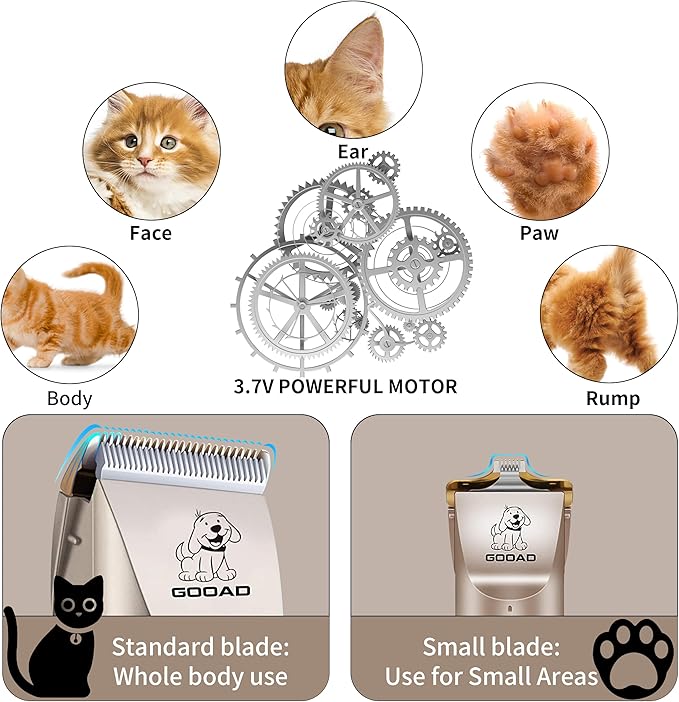 Cat Clippers for Matted Hair, Cat Grooming Kit, Cordless Cat Shaver for Long Hair, Low Noise Paw Trimmer, Cat Hair Trimmer for Grooming,Quiet Pet Hair Clippers Tools for Cats Dogs (Gold) - PAWPICO