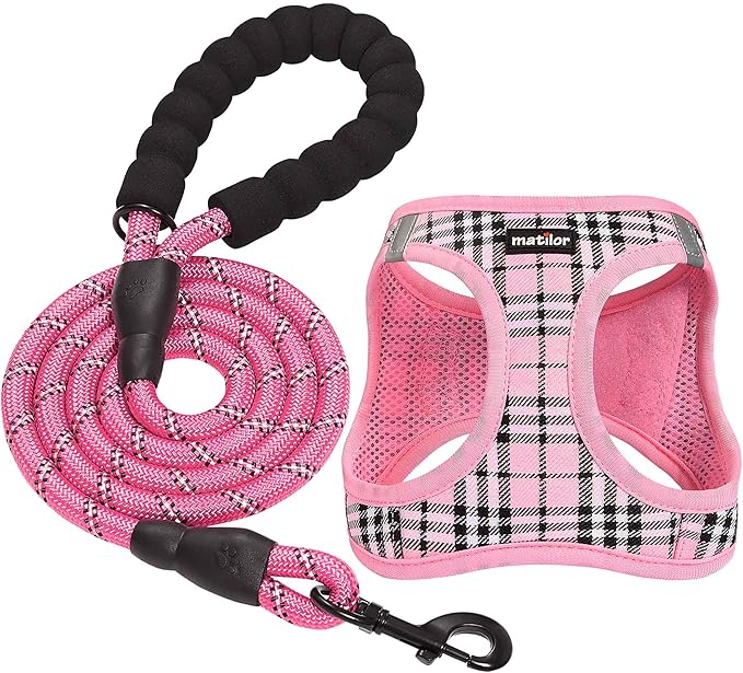 Dog Harness Step-in Breathable Puppy Cat Dog Vest Harnesses for Small Medium Dogs Pink Plaid matilor