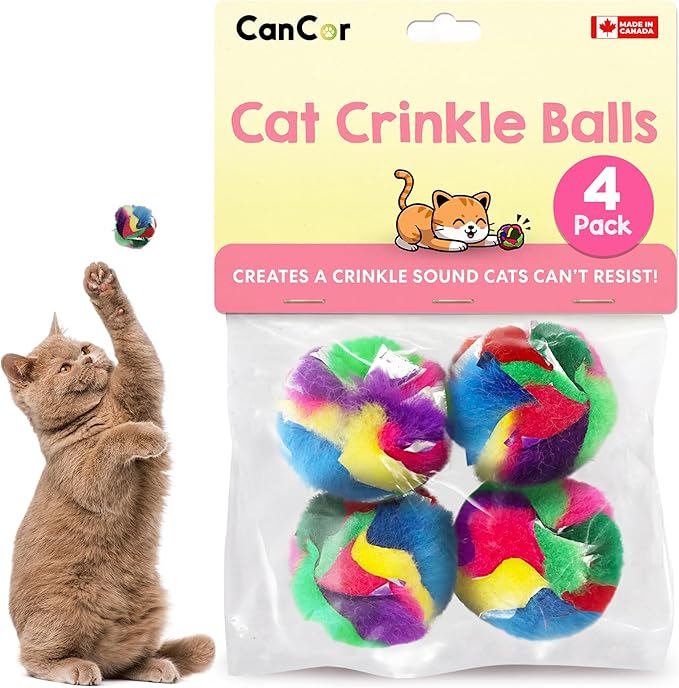 Cat Crinkle Balls 1.5 Inch (4-Pack) - Mini Crinkle Cat Toys for Indoor Cats - Multi-Color Crinkle Cat Toy - Cat Toys Crinkle Balls to Keep Fit and Active - Canadian-Made Crinkle Balls for Cats - PAWPICO