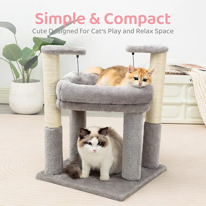 Made4Pets Cat Tree for Indoor Cats, Cat Tower with 2 Natural Sisal Scratching Post for Kitten, Kitty Cat Bed with Pom-pom Dangling Balls, Grey, DIY - PAWPICO
