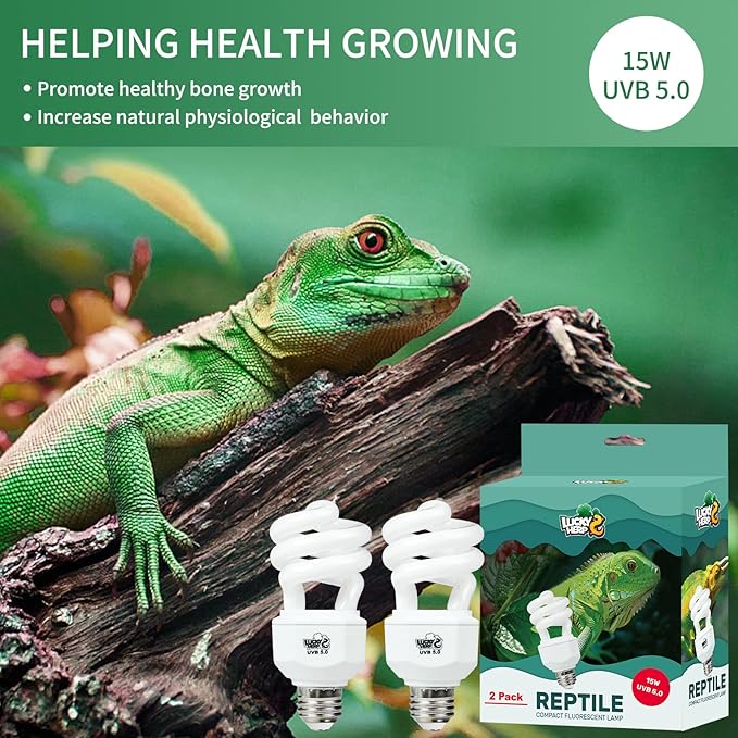 LUCKY HERP 2 Pack UVA UVB Reptile Light, 15W 5.0 UVB Bulb for Tropical and Sub Tropical Reptiles, Compact Fluorescent Terrarium Lamp, Reptile UVB Bulb for Chameleons, Lizard, Turtle LUCKYHERP