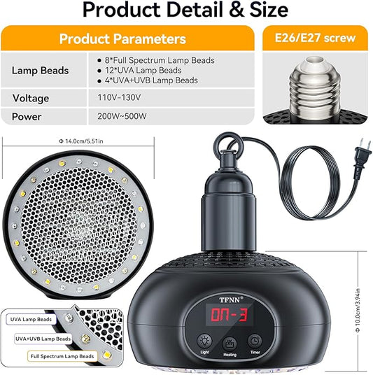 Chicken Coop Heater Lamps,200W-350W-500W Reptile Heating Lamp Upgraded with UVA UVB Ligh 3-6-9-12H Timer,Protable Greenhouse Heater for Outdoor Chicken Coop for Reptile Rabbits Dog Cats (Black) TFNN