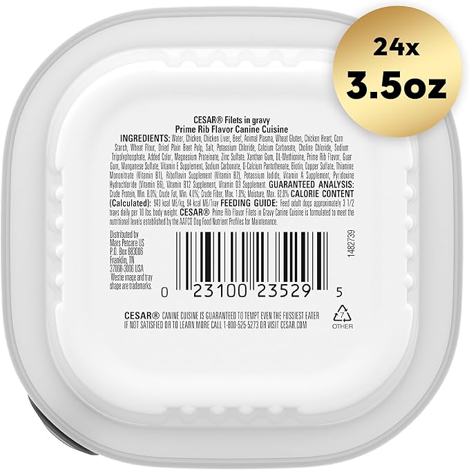 CESAR Adult Wet Dog Food Filets in Gravy Prime Rib Flavor, 3.5 oz. Easy Peel Trays, Pack of 24 - PAWPICO