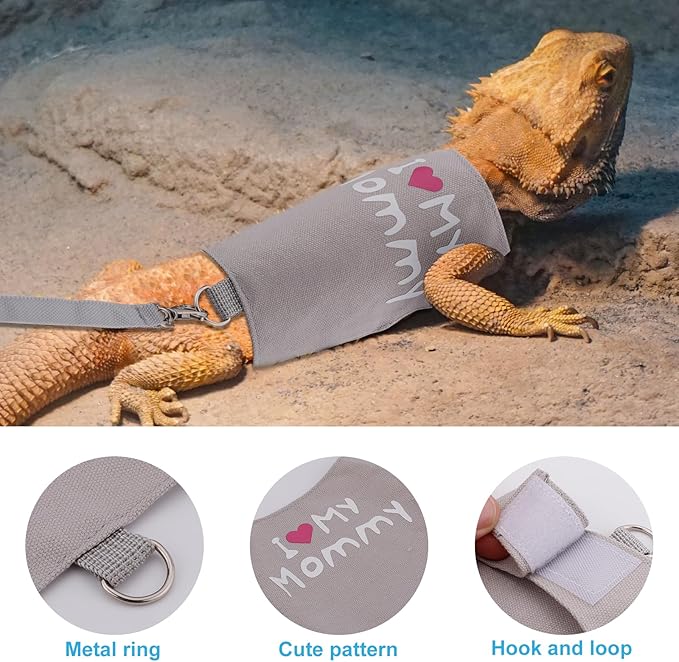 Bearded Dragon Leash and Harness Set, Cute Adjustable Lizard Reptile Harness Costume Clothes with Short Leash for Small Pets Animal Amphibians Chameleons Accessories Outdoor Walking (Style A, Gray) PAWPICO