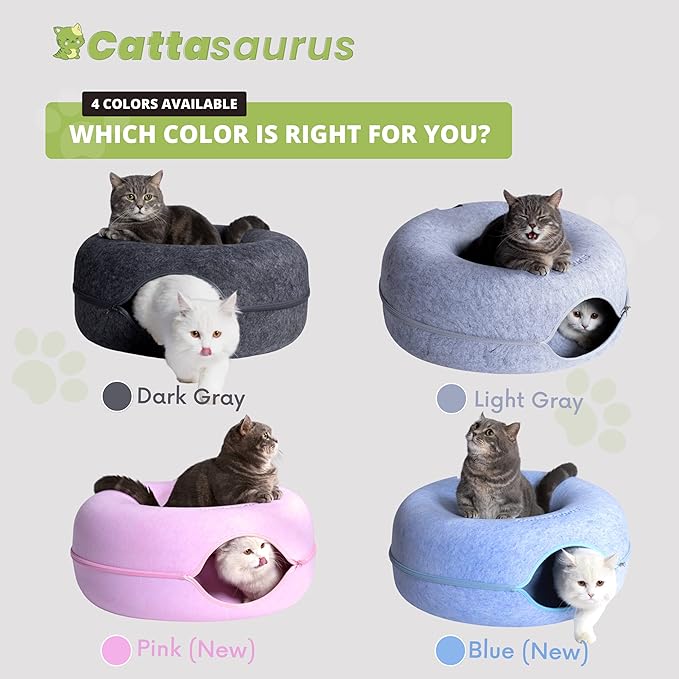 CATTASAURUS Peekaboo Cat Cave for Multiple & Large Cats Up to 30-45 Lbs, Scratch Detachable & Washable Tunnel Bed, Comfy Donut Cat Cave (Blue, Large) - PAWPICO