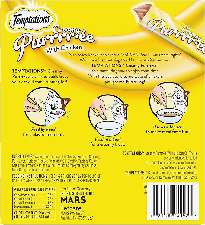 Temptations Creamy Puree with Chicken, Lickable Cat Treats, 0.42 oz Pouches, 24 Count Temptations