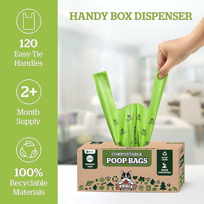 Pogi's Compostable Dog Poop Bags with Handles - 120 Doggie Poop Bags with Easy-Tie Handles - Leak-Proof Dog Waste Bags, Plant-Based, ASTM D6400, EN 13432 Certified Extra Large Poop Bags for Dogs - PAWPICO