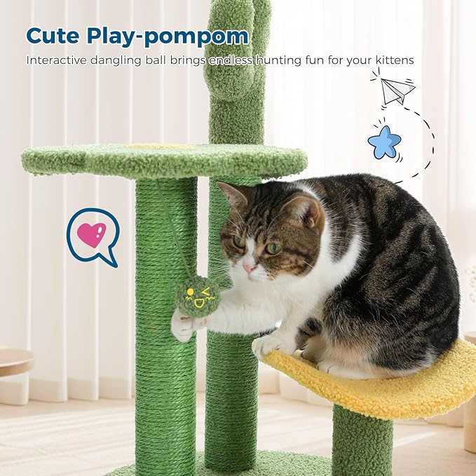 Made4Pets Cat Tree Cactus Cat Scratching Post 26” Cats Tree Tower for Indoor Cat Scratchers Kitty Tower with Flower Perch, Dangling Ball - PAWPICO