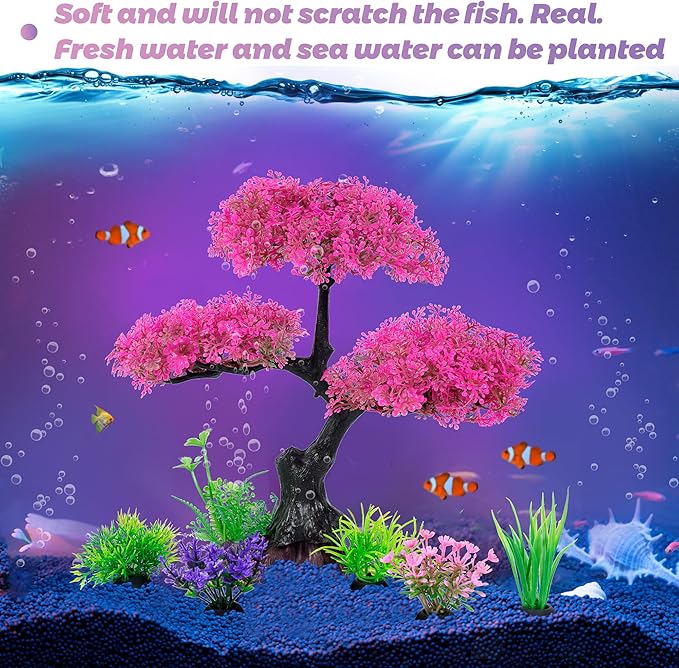 Ameliade Aquarium Artificial Plastic Plants Decoration, Pink Cherry Blossom Tree Aquarium Decor Set, Goldfish Betta Fish Tank Decorations Hides Accessories(Pink Ameliade