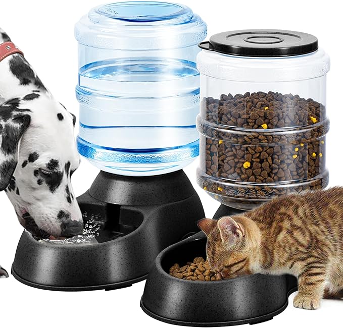 2 Pack Automatic Cat Feeder and Water Dispenser in Set Pet Food Bowl for Small Medium Dog Pets Puppy Kitten Big Capacity 1 Gallon x 2 (Dark Black) - PAWPICO