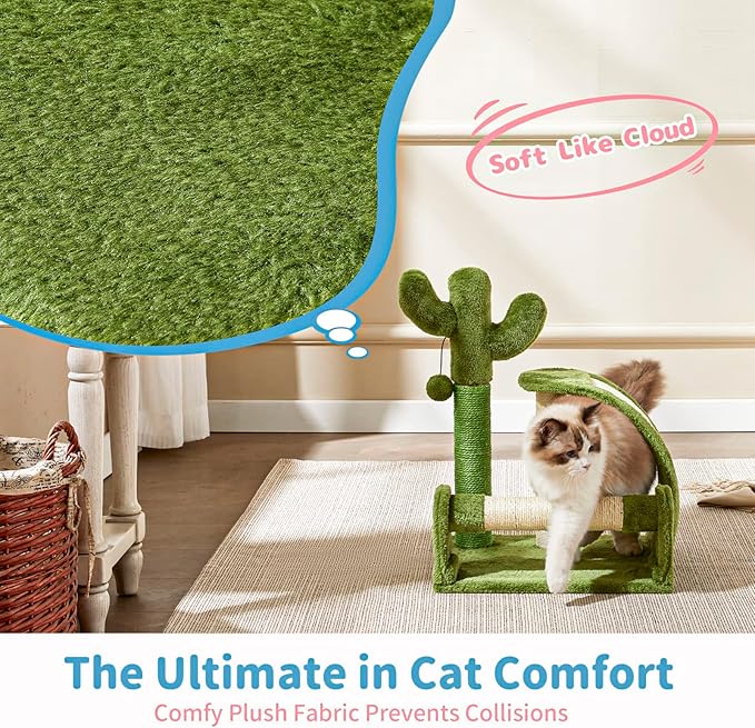 Made4Pets Cat Scratching Post, Cactus Scratcher Tree for Indoor Small Cats, Adult Kitten Scratch Pad with Natural Sisal Ropes, Cute Kitty Nail File Vertical Scratcher with Green Carpet Cover - PAWPICO