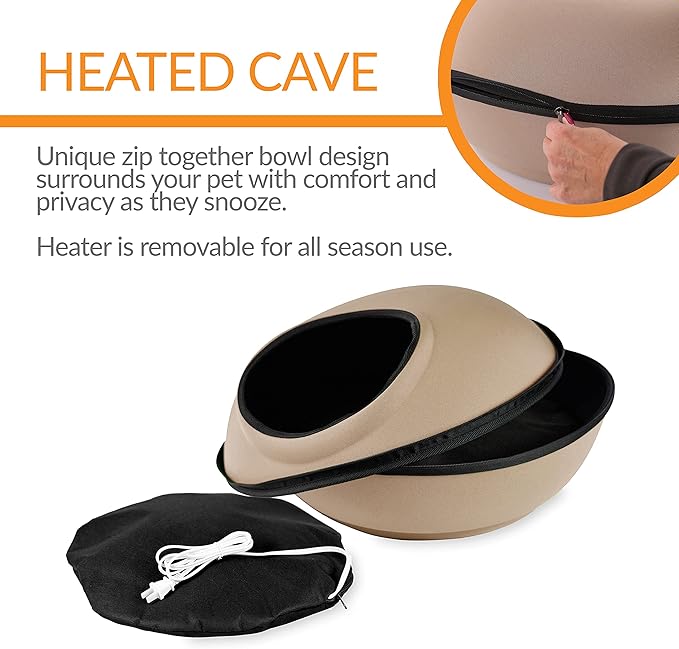 K&H Pet Products Thermo-Kitty Mod Dream Pod Heated Cat Bed for Large Cats, Indoor Heated Cat Cave, Thermal Cat Mat Hideaway for Small or Large Cats and Kittens 22 Inches Tan/Black - PAWPICO