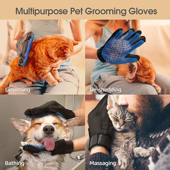 Upgrade Efficient Pet Hair Remover Gloves - Gentle Shedding Brushes for Dogs, Cats & Horses with Long and Short Hair - 1 Pair (Blue) - PAWPICO