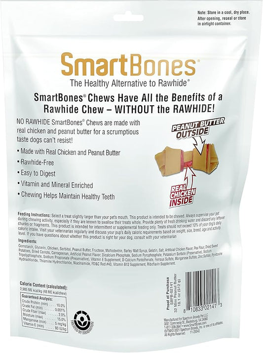 SmartBones Mini Chews With Real Peanut Butter 32 Count, Rawhide-Free Chews For Dogs - PAWPICO