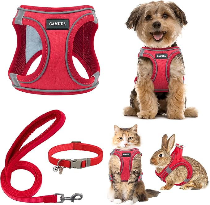 GAMUDA Small Pet Harness Collar and Leash Set, Step in No Chock No Pull Linen Fabric Soft Mesh Dog Vest Harnesses Reflective for Dogs Puppy Cats Kitten Rabbit (Red, XS) GAMUDACollarsCollection