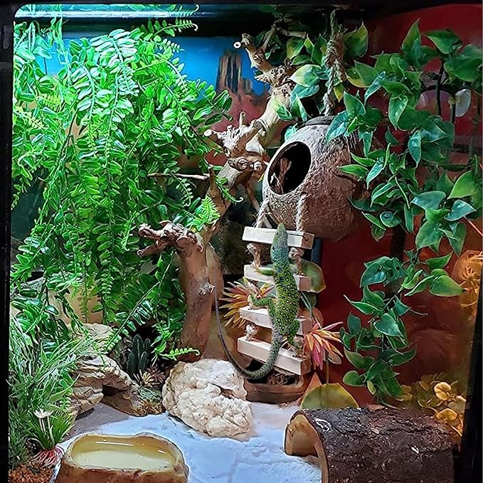 5PCS Coconut Hut for Gecko, Lizard Coco Den with Ladder and Reptile Hammock Bearded Dragon Tank Accessories Climbing Hanging Plants Jungle Vine Flexible Reptile Leaves Decor MUYG