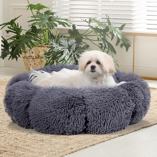Cat Bed Cute, 23.6" Washable Grey Donut Bed for Indoor Cats and Small Dogs, Soft Cute Flower Fluffy Round Donut Cat Beds, Anti Anxiety Pet Bed, Self-Warming Bed, Dark Grey - PAWPICO