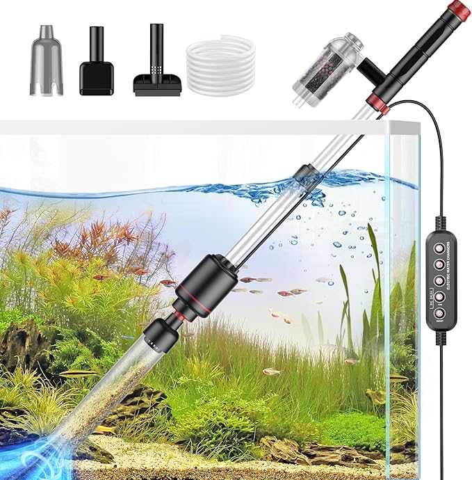 36W Fish Tank Vacuum Gravel Cleaner: Electric Aquarium Cleaner Vacuum with Strong Suction for Water Change Wash Sand Water Shower and Water Circulation, Timed Off Suness