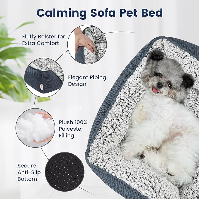 Miguel Washable Dog Bed with Removable Cushion for Medium Small Dogs, Easy to Wash Pet Sofa Bed with Side, Rectangle Bolster Cat Bed Calming Cuddle Puppy Bed with Anti-Slip Bottom, Blue 25 Inch - PAWPICO