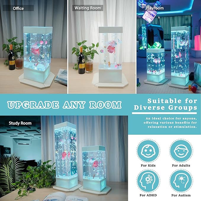 20 Inch 8-Color Changing Sensory Bubble Fish Lamp, Aquarium with 12 Artificial Fish for Home Decor, Mood Lighting - Ideal for Kids, Adults, ADHD & Autism Tenmind