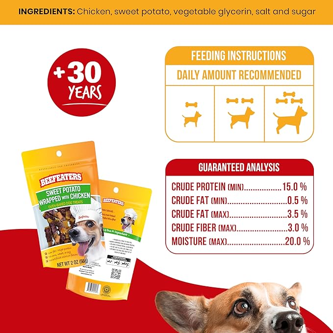 Beefeaters Dog Treats - Sweet Potato Wrapped with Chicken 2oz, Case of 12 | Dog Food No Corn/Wheat/Soy/Gluten | Low Fat, Grain-Free, Training & Rewards | Dog Training Treats for All Dog Sizes - PAWPICO