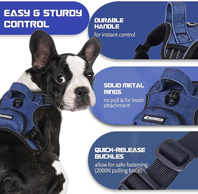BUMBIN Dog Harness for Large Dogs, No Pull Adjustable No Choke Pet Vest with Dog Leash Fit Smart Reflective Pet Walking Harness for Training Easy Control Soft Handle Denim Blue L BUMBIN