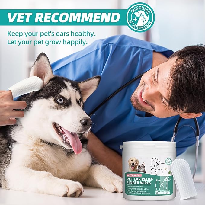 Dog Ear Cleaner Finger Wipes - Cat Ear Cleaner Wipes Grooming Pet Supplies Reduce Dirt Wax, Debris Soothes & Deodorizes, Fresh Coconut Scent 50 Counts ANTONDOLL