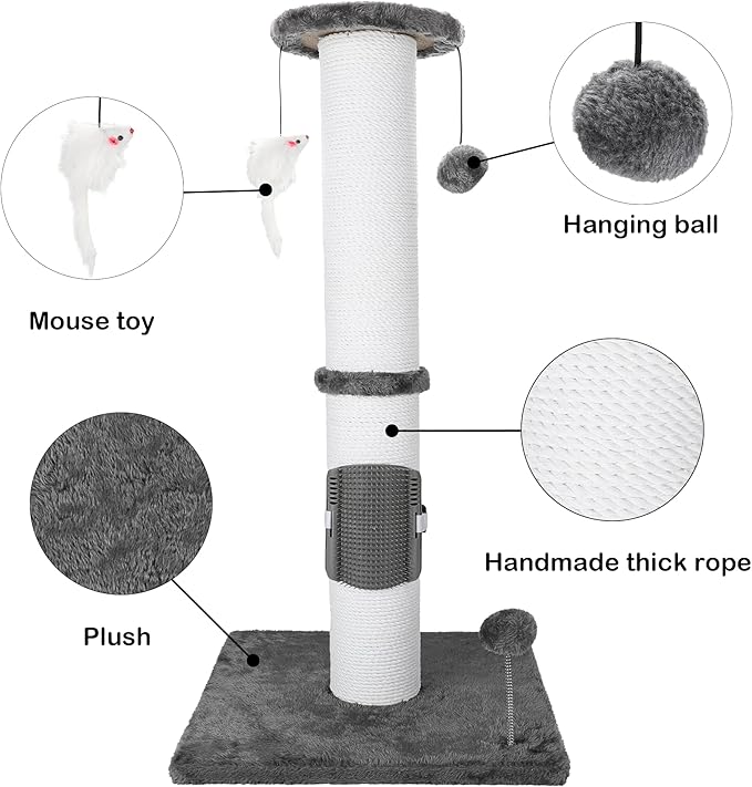 34 Inches Cat Scratching Post Heavy Duty and Thicker Cat Self Grooming with Hanging Toys and Sturdy Handmade Rope, Grey - PAWPICO