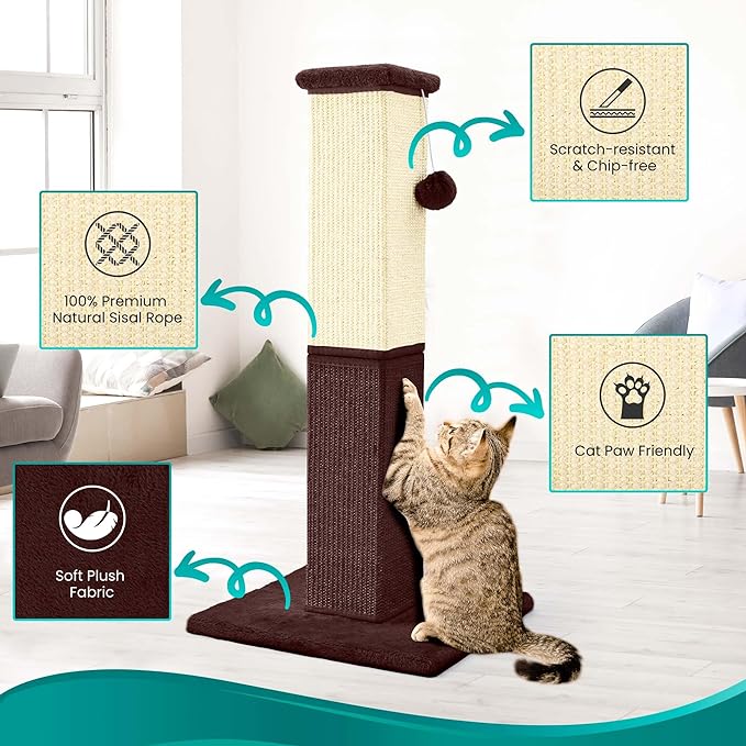 Cat Scratching Post, 32 Inch Cat Scratching Post for Large Cats, Cat Scratcher with Nature Sisal, Cat Scratch Post for Indoor Large Cats and Kitten, Brown - PAWPICO