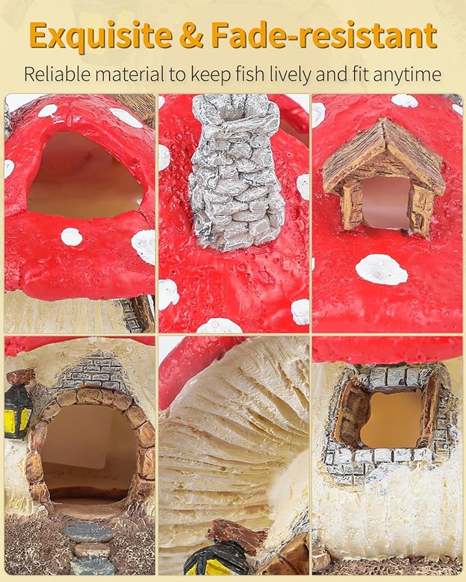 Uniclife Aquarium Mushroom House, Resin Fish Tank Decoration Cottage Ornament for Fish Tank Landscape Aquarium Hideout Hideaway Spawning Cave Decor for Shrimp Betta Goldfish and Reptiles UnicLife