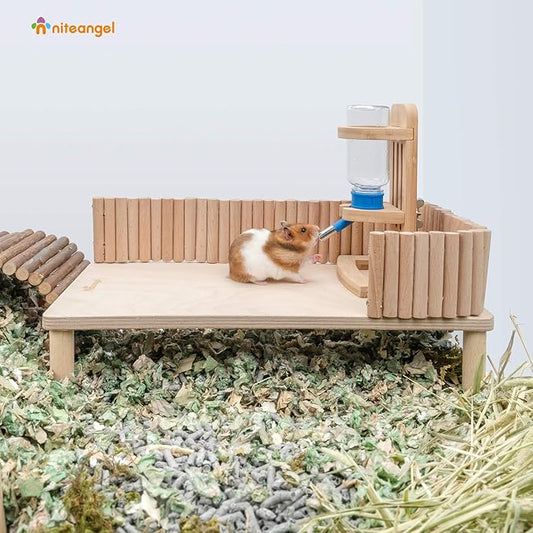 Niteangel Hamster Play Wooden Platform for Putting Small Animal's Food Bowl Drinking Bottle and Other cage Accessories (Rectangle - 7 Height) Niteangel