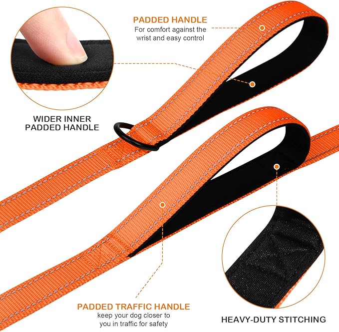 Joytale Dog Leash Heavy Duty for Large Dogs That Pull, Double Handle for Traffic Control, Double-Sided Reflective Leashes for Large Medium Dogs Night Safety, 5FT, Orange Joytale