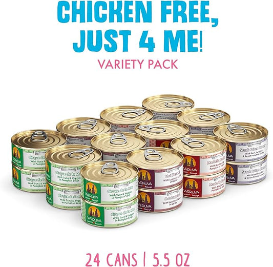 Weruva Classic Dog Food, Variety Pack, Chicken Free, Just 4 Me, Wet Dog Food, 5.5oz Cans (Pack of 24) - PAWPICO