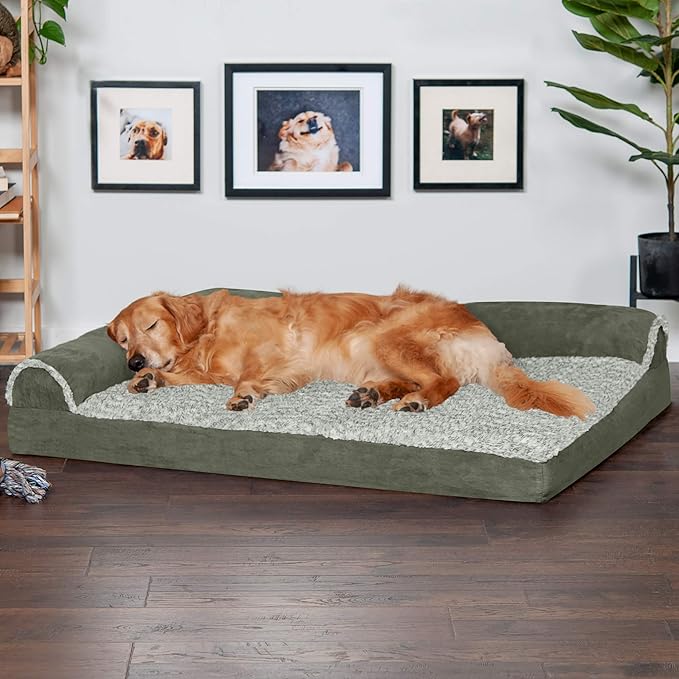 Furhaven Orthopedic Dog Bed for Large Dogs w/ Removable Bolsters & Washable Cover, For Dogs Up to 95 lbs - Two-Tone Plush Faux Fur & Suede L Shaped Chaise - Dark Sage, Jumbo/XL - PAWPICO