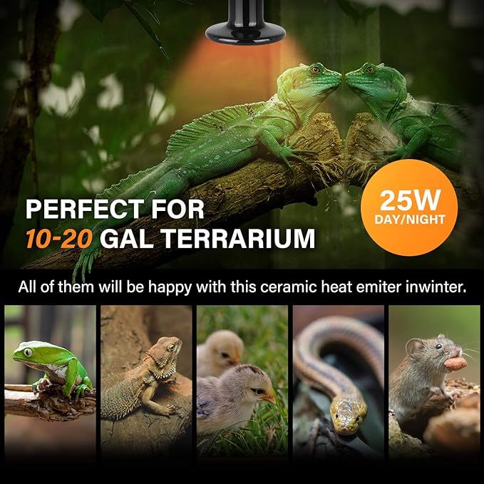 Simple Deluxe 25W 1-Pack Ceramic Heat Emitter Reptile Heat Lamp Bulb No Light Emitting Brooder Coop Heater for Amphibian Pet & Incubating Chicken, Black SimpleDeluxe
