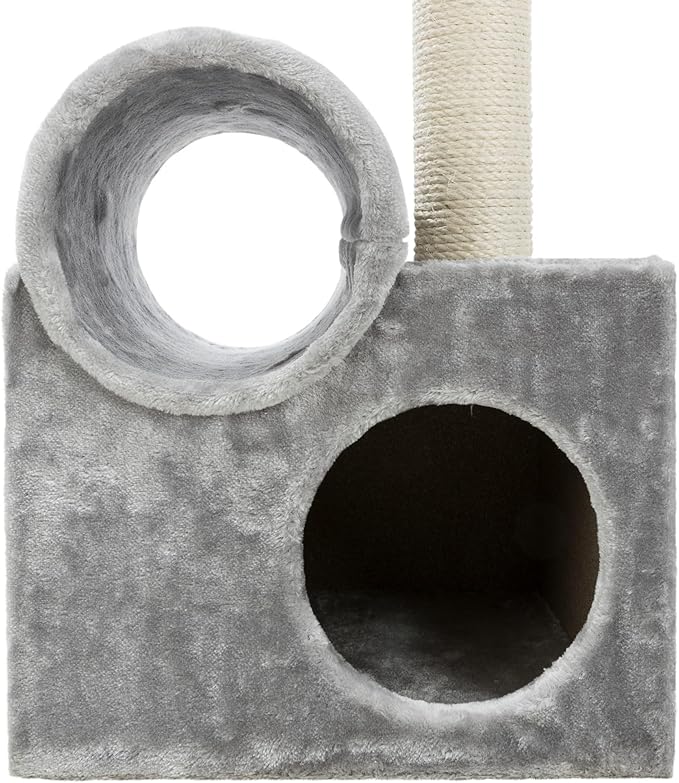 TRIXIE Tolar Cat Scratching Post 31.5 Inch - with Durable Sisal Rope and Tunnel, Condo, Platform with Removable Cushion & Dangling Cat Toy - in Gray - PAWPICO