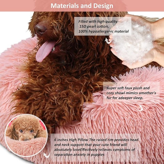 Pink Dog Bed for Small Dogs Machine Washable, Calming Bed for Puppy with Anxiety,19 Inch Round Donut Cute Soft Plush Cuddler Girl Dog Bed for small size dogs with Fluffy Faux Fur,Fits Under 10 lb Pets - PAWPICO