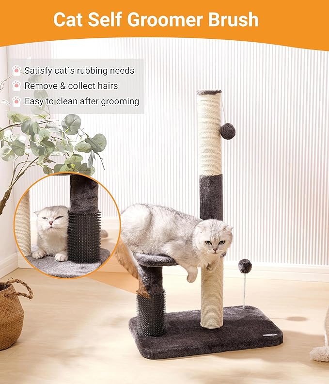 Happi N Pets 34“ Tall Cat Scratching Post for Big Cats, Natural Sisal Cat Scratchers for Indoor Cats, Heavy Duty Cat Stands Featuring with Cat Self Groomer and Hanging Toys, Free Catnip-Gray - PAWPICO