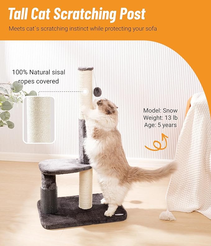 Happi N Pets 34“ Tall Cat Scratching Post for Big Cats, Natural Sisal Cat Scratchers for Indoor Cats, Heavy Duty Cat Stands Featuring with Cat Self Groomer and Hanging Toys, Free Catnip-Gray - PAWPICO