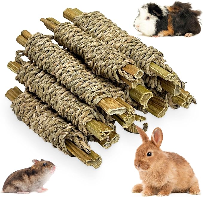 Fhiny 12 PCS Rabbit Chew Sticks, Natural Papaya Wood Seagrass Guinea Pig Chew Toys for Teeth Small Animal Molar Sticks Snacks for Bunny Guinea Pig Chinchilla Ferret Hamster Gerbil Dental Care Fhiny