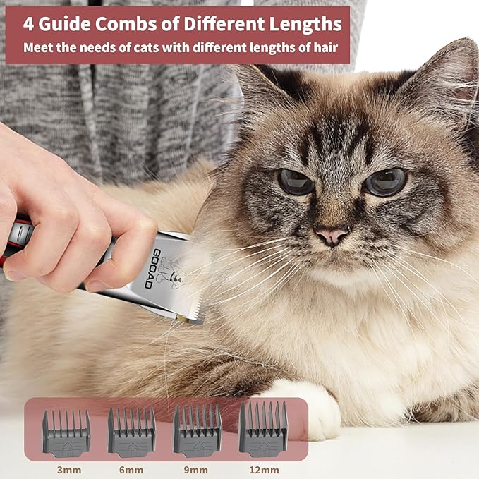 Cat Clippers for Matted Hair, Cat Grooming Kit, Cordless Cat Shaver for Long Hair, Low Noise Paw Trimmer, Cat Hair Trimmer for Grooming,Quiet Pet Hair Clippers Tools for Cats Dogs (Red) - PAWPICO