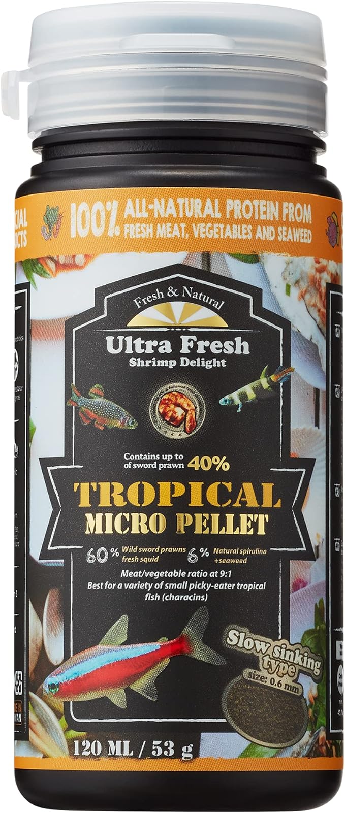 Ultra Fresh Tetra Fish Food, Slow Sinking, All Natural Ingredients, Wild Sword Prawns, Spirulina, Color Enhancement, Small Granules , Tropical Micro Pellet 1.87 oz UltraFresh-ShrimpDelight