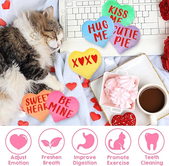 Valentines Cat Catnip Toys 6PCS Sweetheart Sayings Valentines Day Cat Toys Gifts for Indoor Cat Cute Funny Interactive Kitten Toys Boredom Relief Teeth Cleaning Chew Bite Kick Kitty Toys - PAWPICO