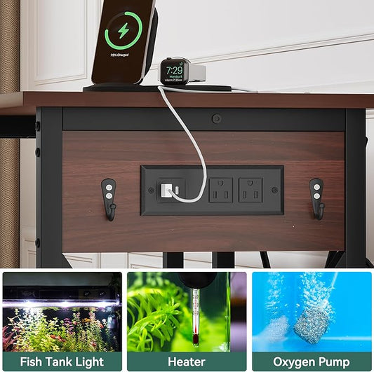 YITAHOME 10-29-37 Gallon Fish Tank Stand with Power Outlet, 30x16 Inch Metal Aquarium Stand with 3-Tier Adjustable Storage Shelves and Hooks, 450LBS Capacity, Rustic Brown YITAHOME