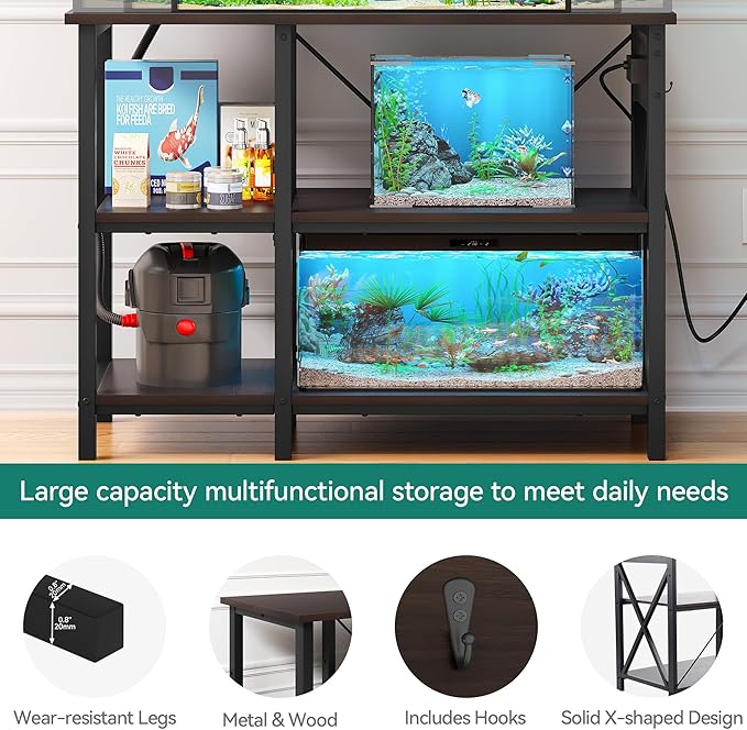 YITAHOME 40-50 Gallon Fish Tank Stand with Power Outlet, 40x18 Inch Metal Aquarium Stand with 3-Tier Adjustable Storage Shelves and Hooks, 700LBS Capacity, Black YITAHOME