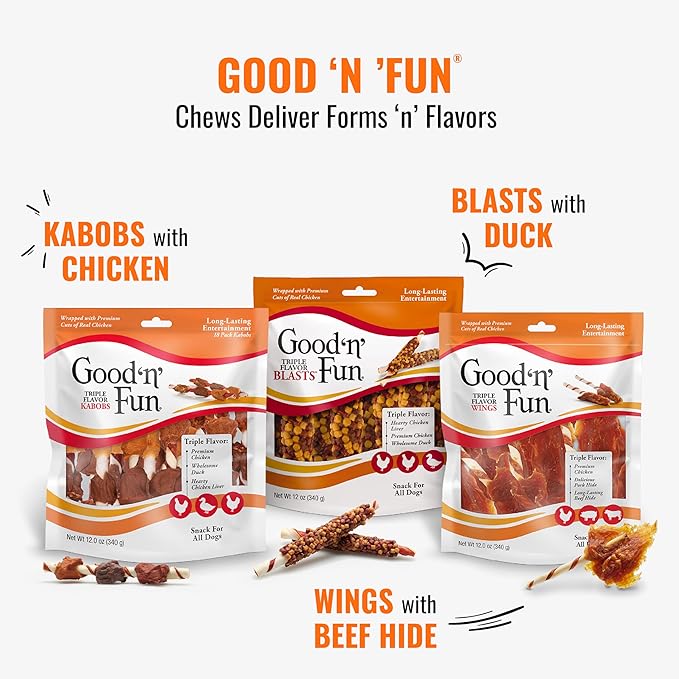 Good 'n' Fun Good'n'Fun Triple Flavor Kabobs 48 Ounce, Rawhide Snack for All Dogs, 48 Oz (Pack of 4) - PAWPICO