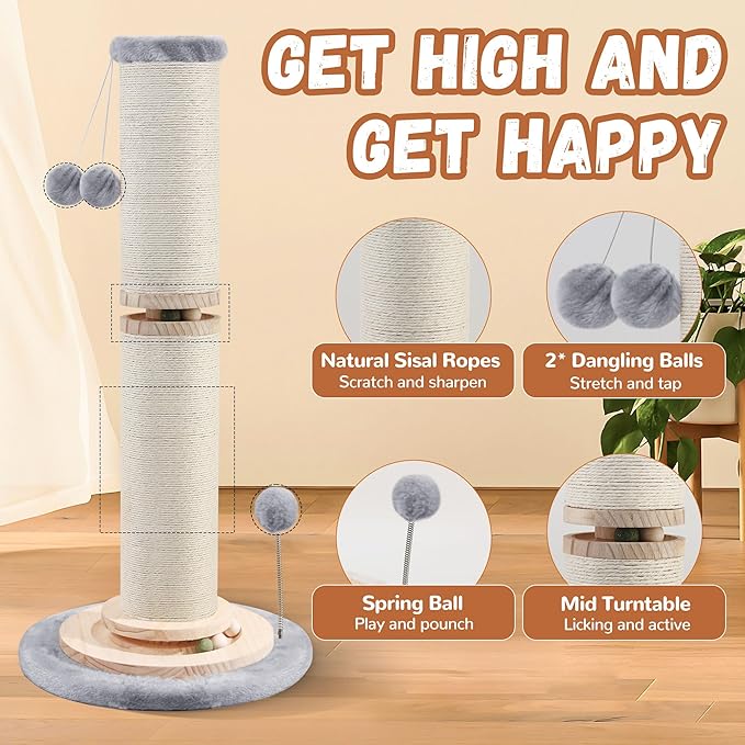 OTOB 32" Tall Cat Scratching Post, 4.3Inch Large Diameter Natural Sisal Rope Scratcher Post for Indoor Large Cats Kittens, 5-in-1 Interactive Turntable Cat Scratch Post (Gray, B-33Inch) - PAWPICO