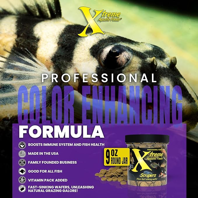 Xtreme Scrapers Wafers - Premium 14mm Fast-Sinking Fish Food – Nutrient & Cellulose Rich Ideal for Nocturnal Feeders, Catfish, Plecostomus Species, and Loaches – USA Farm Grown (9oz) XtremeAquaticFoods